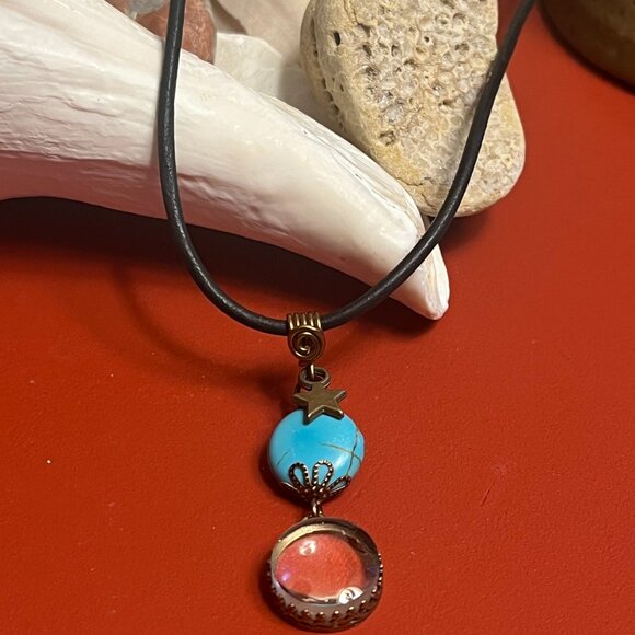 Black Leather Necklace, Turquoise & Glass Mini Magnifier Pendant - Picture 1 of 7